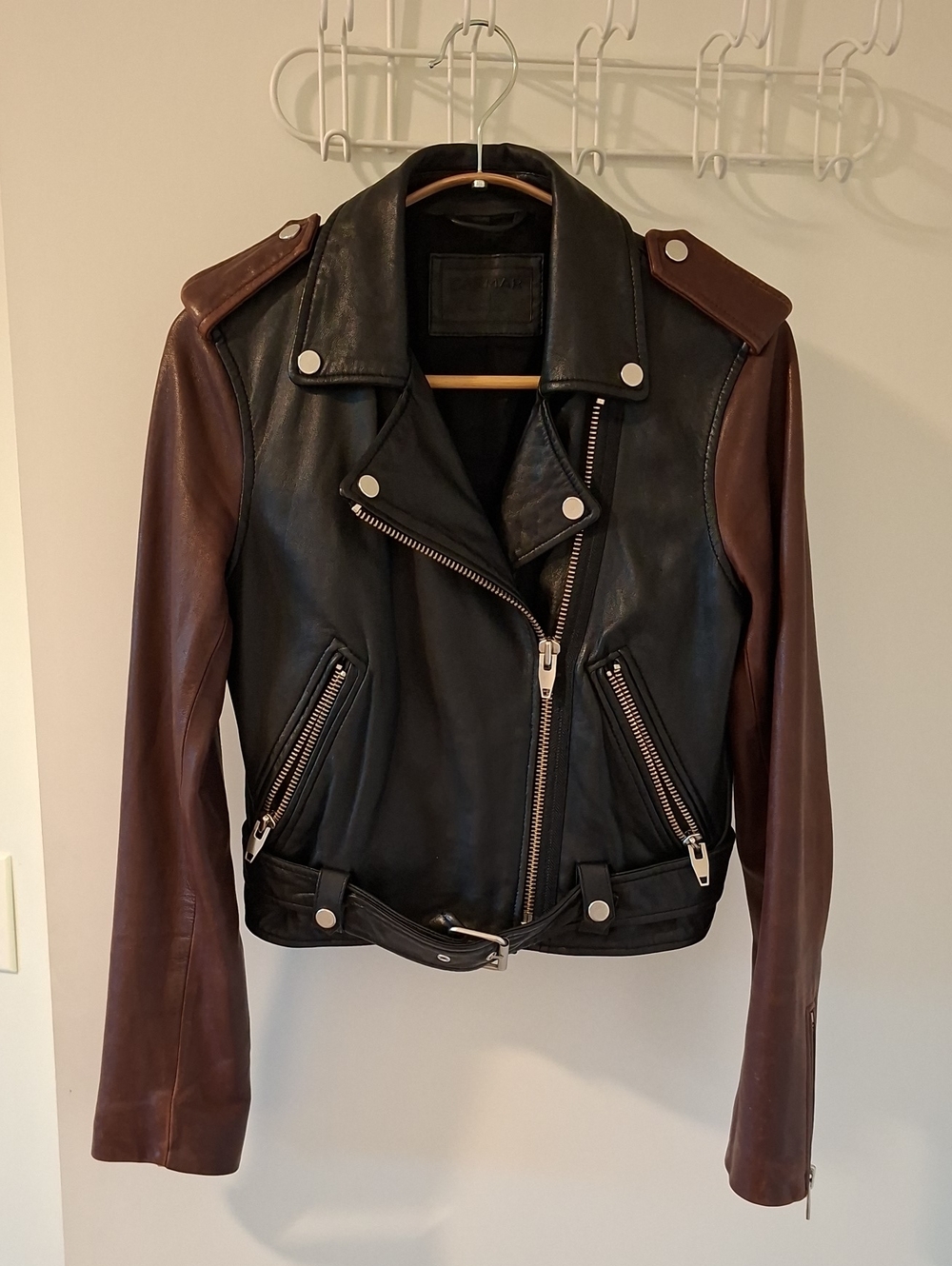 Carmar Luxury Genuine Leather Black & Brown Biker Jacket (Size EU 34/US XS)